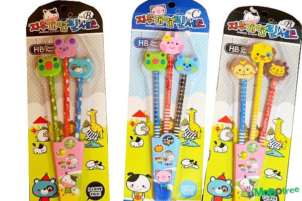 Wooden Pencil with Animal Eraser pack of 3