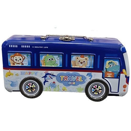 Bus Metal Pencil Box with Moving Tyres 3 Layer Blue