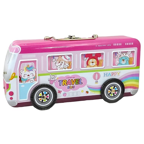 Bus Metal Pencil Box with Moving Tyres 3 Layer Pink