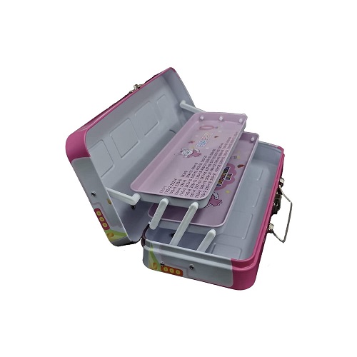 Bus Metal Pencil Box with Moving Tyres 3 Layer Pink